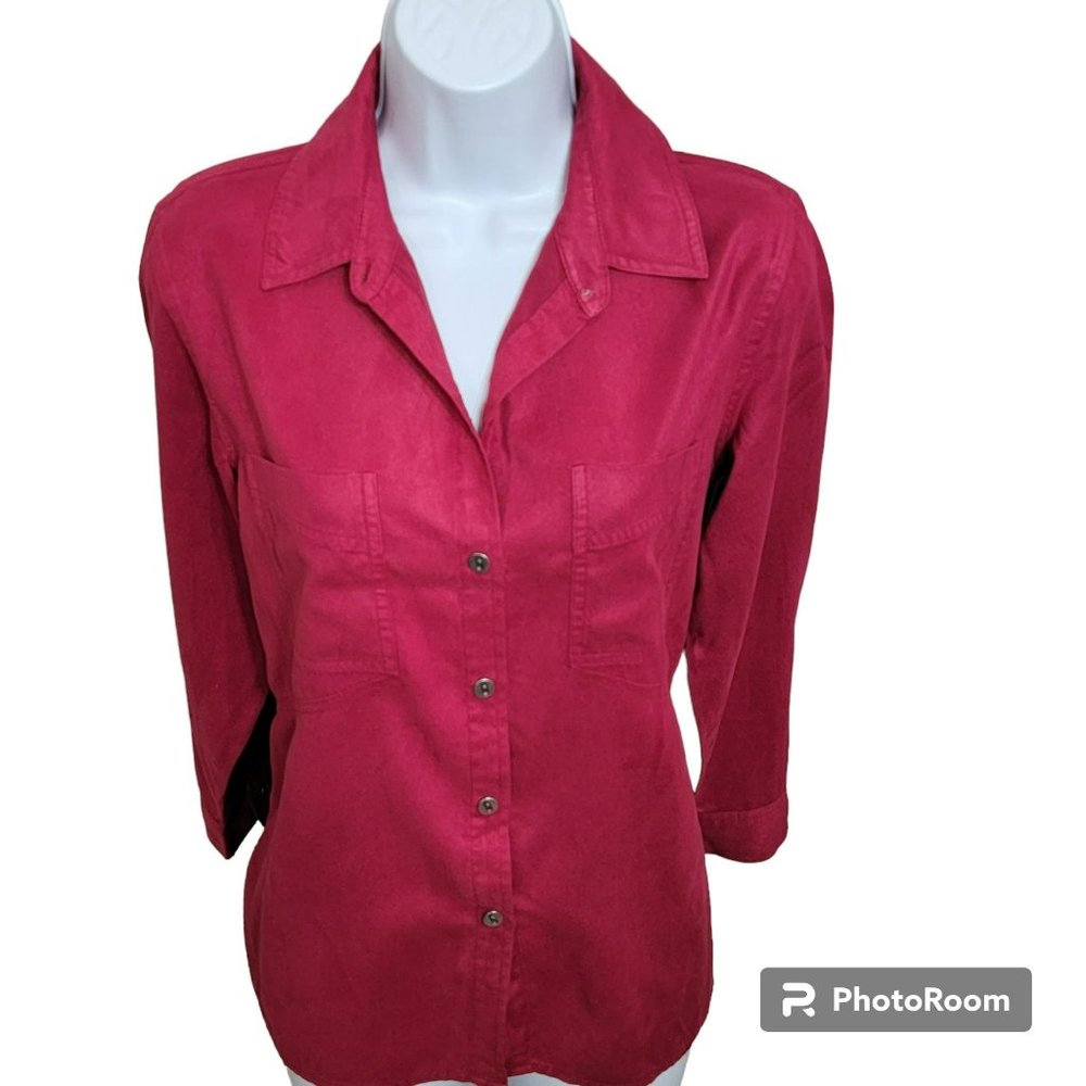 Chico's Blouse, Women's 0 (Med), Solid Red Button Front, V-Neck w/ Collar, - EUC